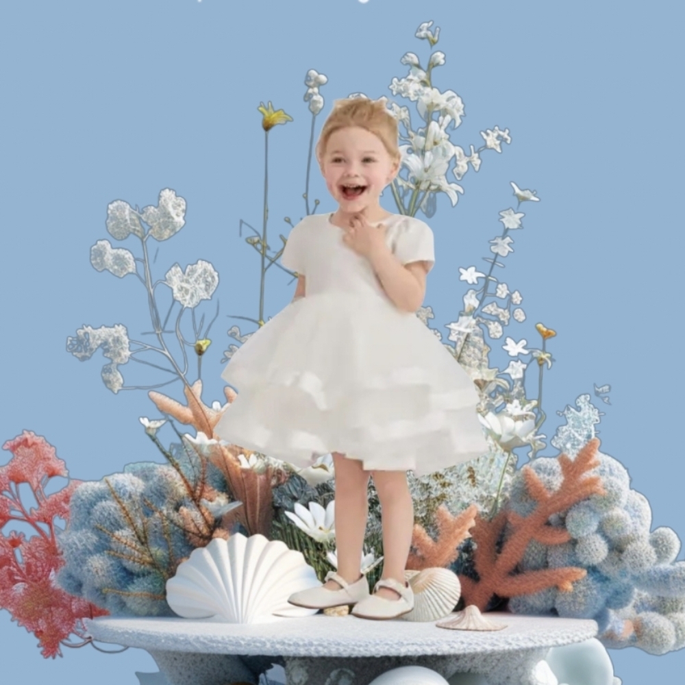 Baptism Dress Girls' White Party Dress with Tiered Skirt